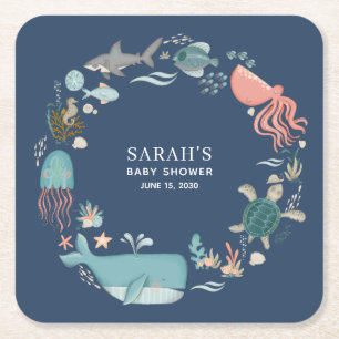Blue Under the Sea Baby Shower Square Paper Coaste Coaster