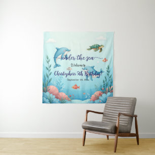 Blue Under the Sea Birthday Party Welcome Backdrop Tapestry