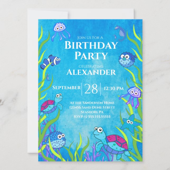 Blue Under the Sea Boy Birthday Party Invitation (Front)