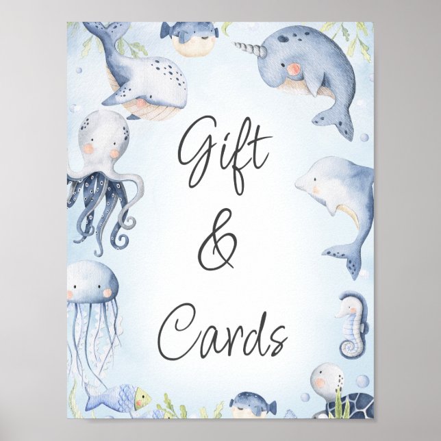 Blue Under the Sea Creatures Baby Shower Sign (Front)