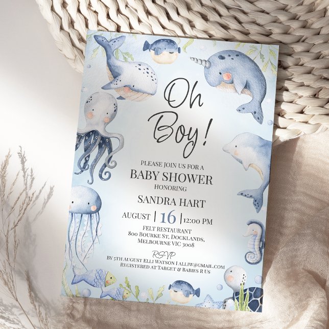 Blue Under the Sea Creatures Boys Baby Shower  Invitation (Boys Under The Sea Baby Shower Invitation Template, Editable Ocean Themed Baby Shower Invitation )