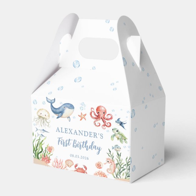 Blue Under The Sea Ocean Animals Birthday Favour Box (Front Side)