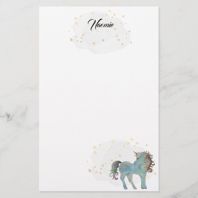 Blue Unicorn and Stars Stationery (Front)