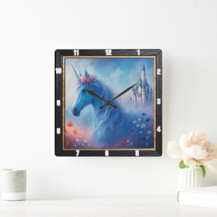 Blue Unicorn Castle Dream Square Wall Clock