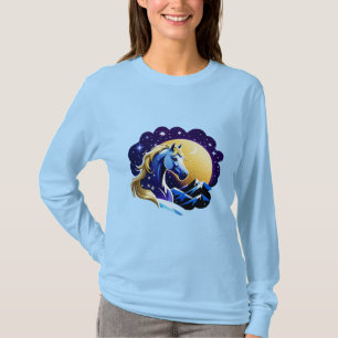 Blue Unicorn Head Portrait in Starry Night Space T-Shirt