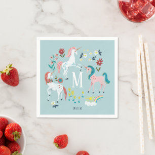 Blue Unicorn Monogram Kids Birthday Party Napkin