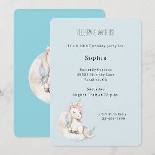 Blue Unicorn on Cloud Birthday Invitation