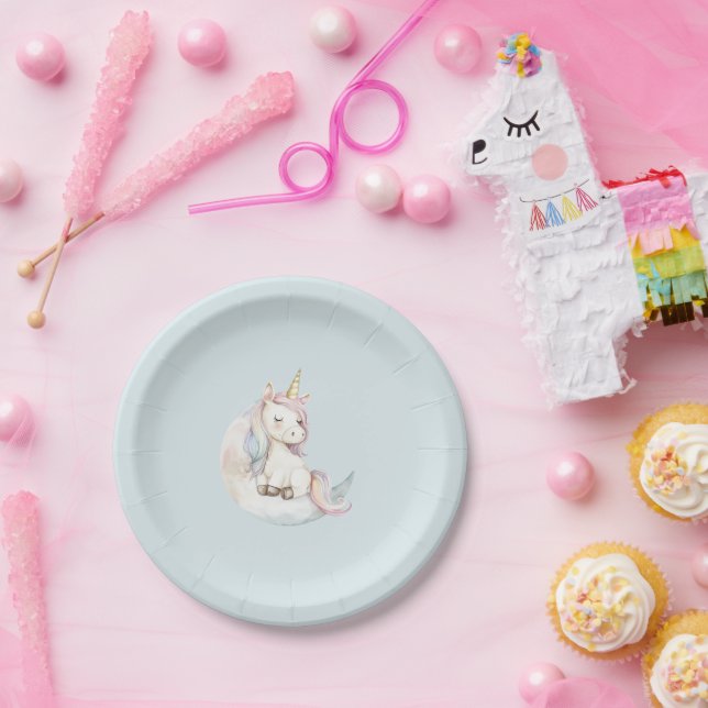 Blue Unicorn on Cloud Birthday Paper Plate (Party)