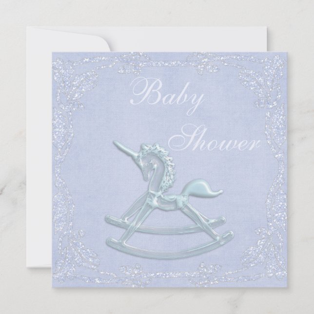 Blue Unicorn Rocking Horse Glitter Baby Shower Invitation (Front)