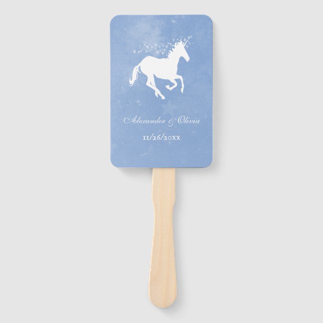 Blue Unicorn Wedding Favour Hand Fan (Front)