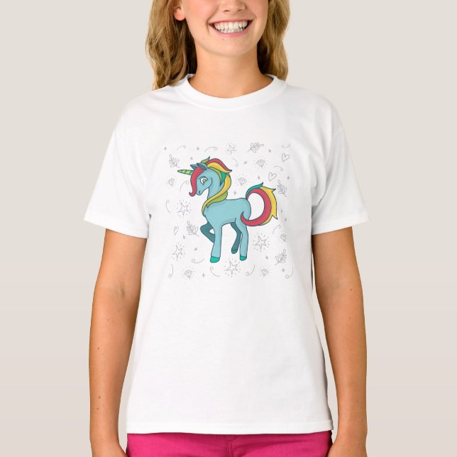 Blue Unicorn with Doodles T-Shirt (Front)