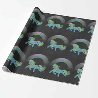 Blue Unicorn with Rainbow chalkboard black back Wrapping Paper