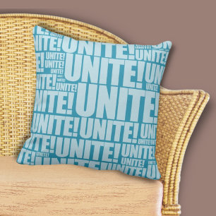 Blue UNITE! Typography Repeat Pattern Cushion