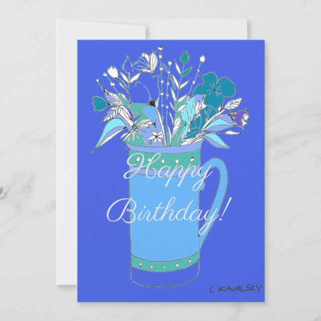 Blue V2 Colourful Happy Birthday Flowers In Mug  Holiday Card (Front)