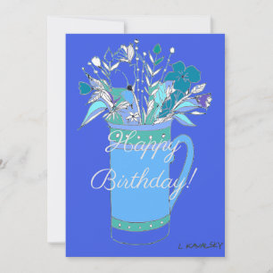 Blue V2 Colourful Happy Birthday Flowers In Mug  Holiday Card