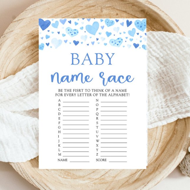 Blue Valentine Baby Name Race Baby Shower Game Invitation (Watercolor Cute Blue Hearts Valentine Sweetheart February Boy Baby Name Race Baby Baby Shower Game)
