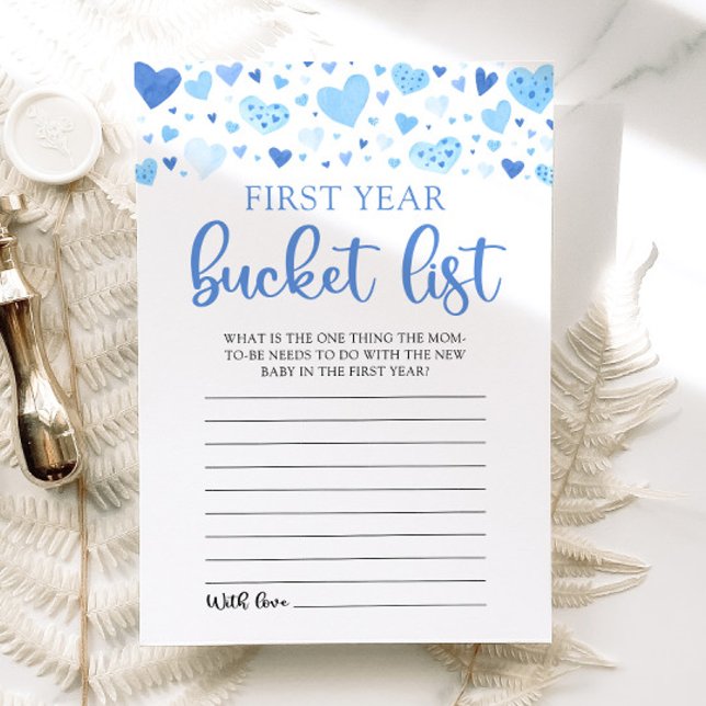 Blue Valentine Baby Shower First Year Bucket List Invitation (Watercolor Blue Hearts Valentine Sweetheart February Boy First Year Bucket List Baby Shower Game)