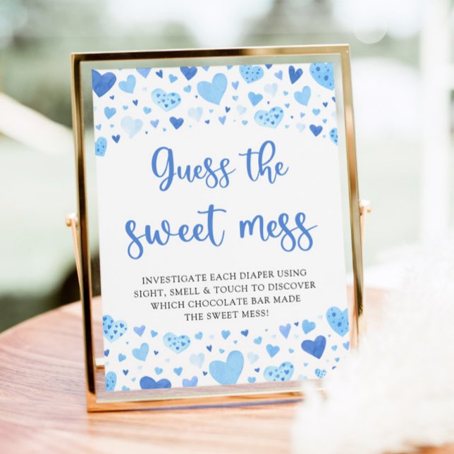 Blue Valentine Guess the Sweet Mess Baby Game Poster (Watercolor Cute Blue Hearts Valentine Sweetheart Boy  Guess the Sweet Mess Baby Shower Game Sign)