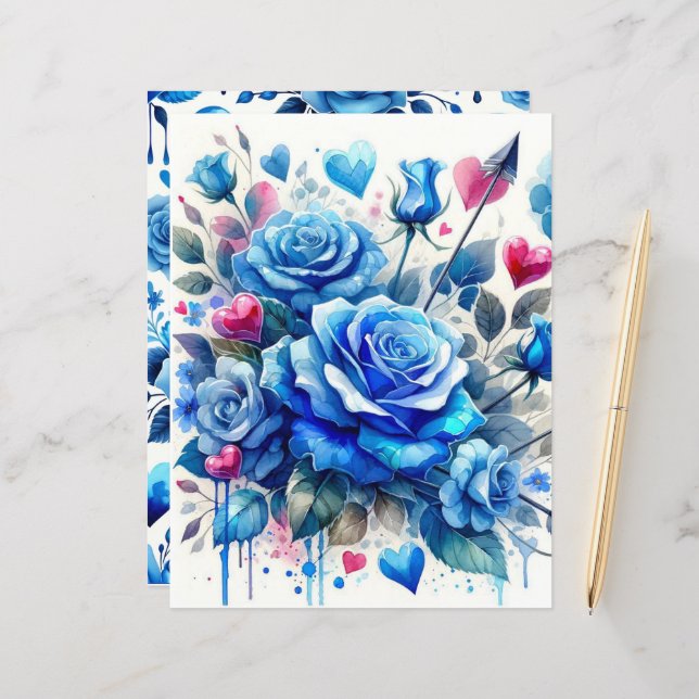 Blue Valentine Watercolor Scrapbook Paper (Front/Back In Situ)