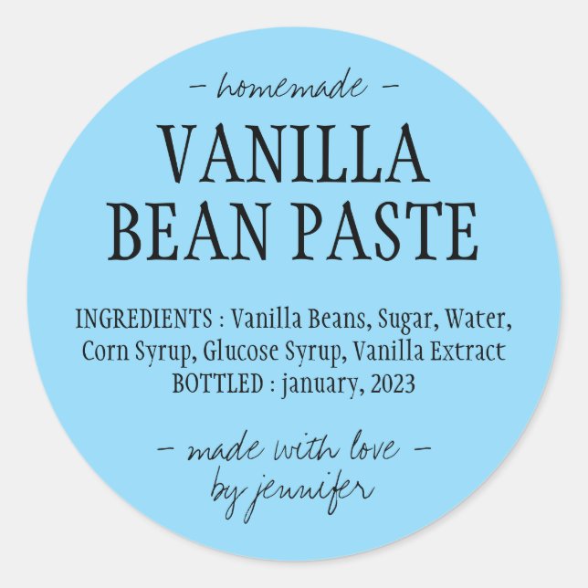 Blue Vanilla Bean Paste Bottle Homemade extract Classic Round Sticker (Front)
