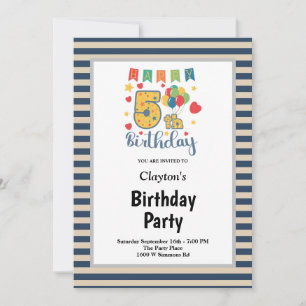 Blue/Vanilla Stripes Framed 5th Birthday Party Invitation