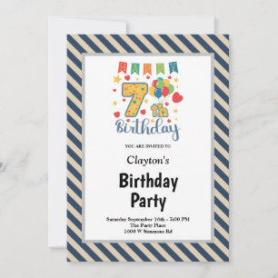Blue/Vanilla Stripes Framed 7th Birthday Party Invitation