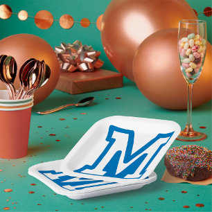 Blue Varsity Letter M Monogram Paper Plate