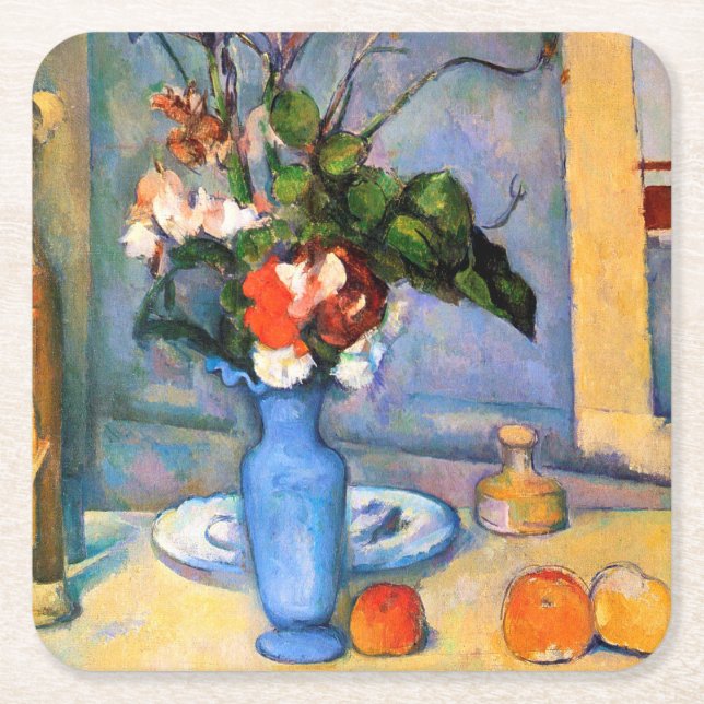 Blue Vase Flowers, Paul Cezanne Square Paper Coaster (Front)