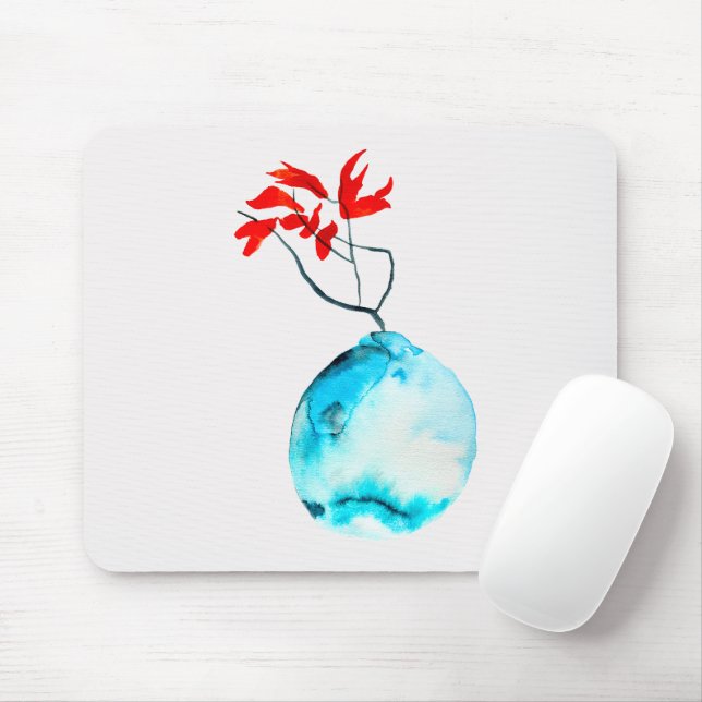 Blue vase watercolor ikebana mouse pad (With Mouse)