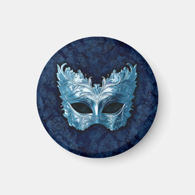 Blue Venetian Mask on Blue Damask Background Magnet (Front)