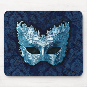 Blue Venetian Mask on Blue Damask Background Mouse Pad