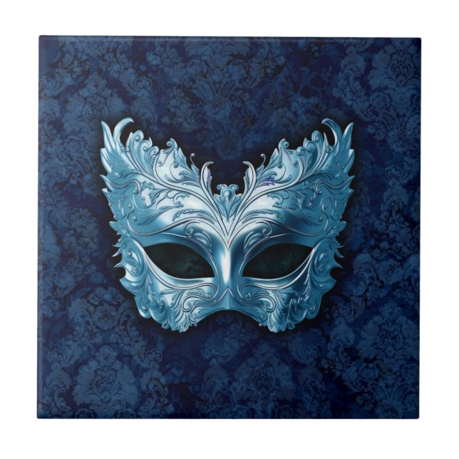 Blue Venetian Mask on Blue Damask Background Tile (Front)
