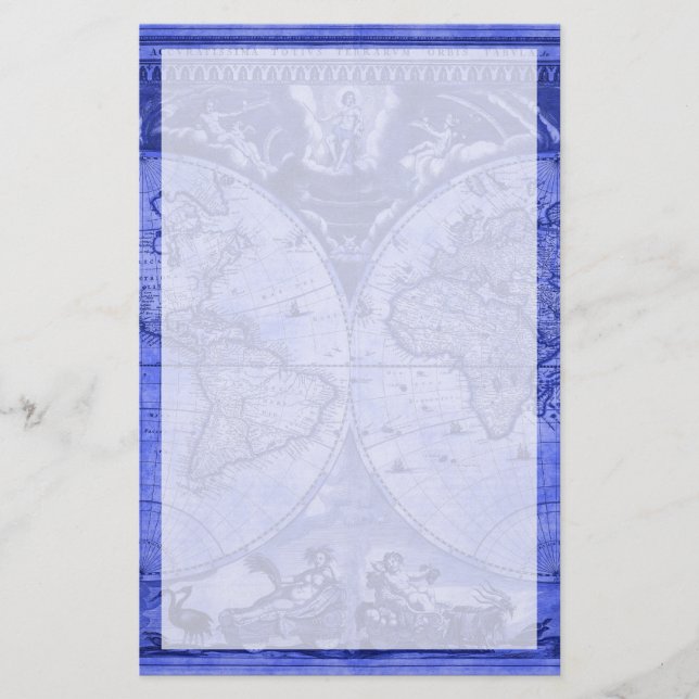 Blue Version Antique World Map J Blaeu 1664 Stationery (Front)