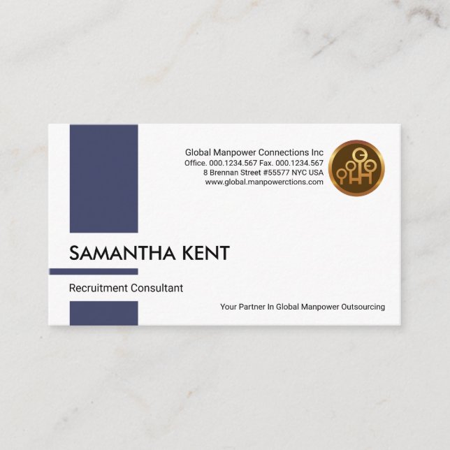 Blue Vertical Column Stripe Recruitment Consultant Business Card (Front)