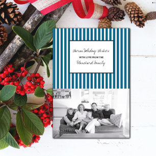 Blue Vertical Festive Stripes Holiday Photo Invitation