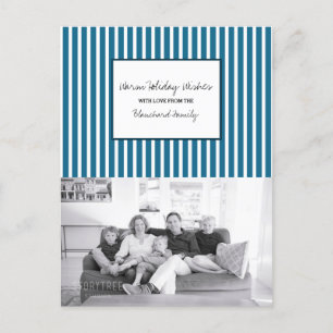 Blue Vertical Festive Stripes Holiday Photo Postcard