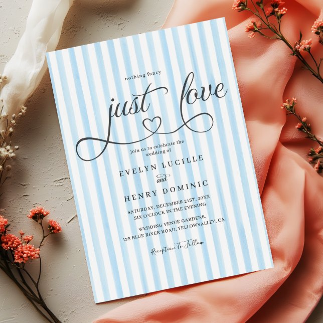 Blue vertical stripes Modern Script Heart Wedding Invitation (Creator Uploaded)