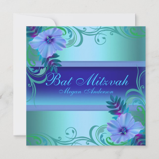 Blue Vibrant Flower Bat Mitzvah Invite (Front)