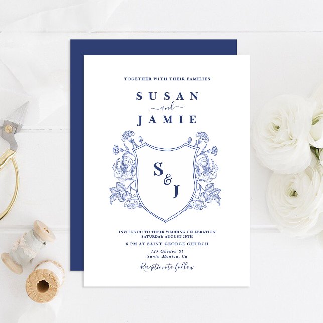 Blue Victorian Crest Wedding invitation (Creator Uploaded)