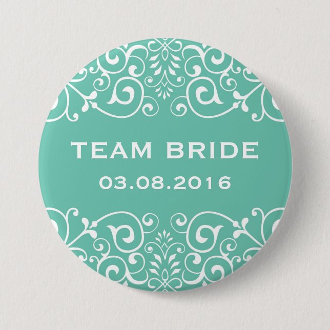 Blue Victorian Floral Border Team Bride Button (Front)