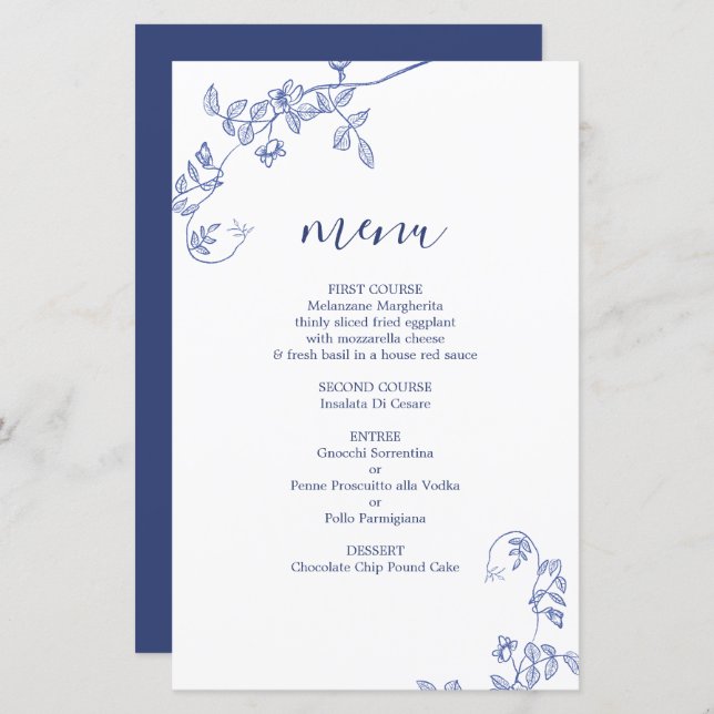 Blue Victorian floral wedding Menu Card (Front/Back)