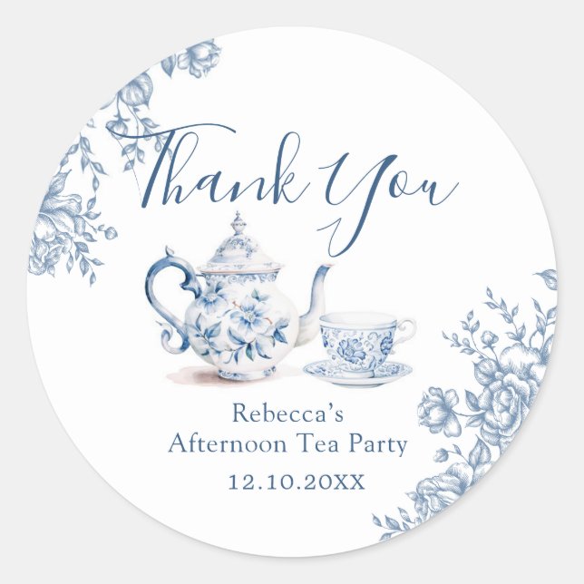 Blue Victorian Garden Bridal Tea Thank You Classic Round Sticker (Front)