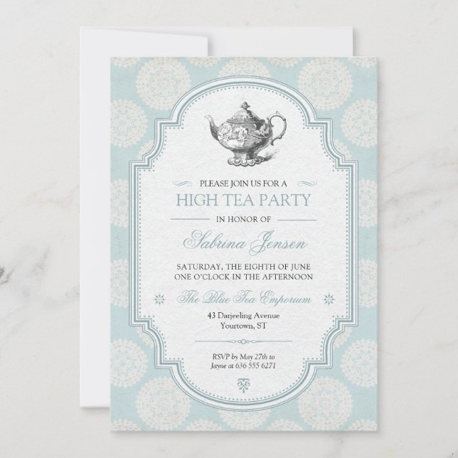 Blue Victorian High Tea Party Invitation (Front)