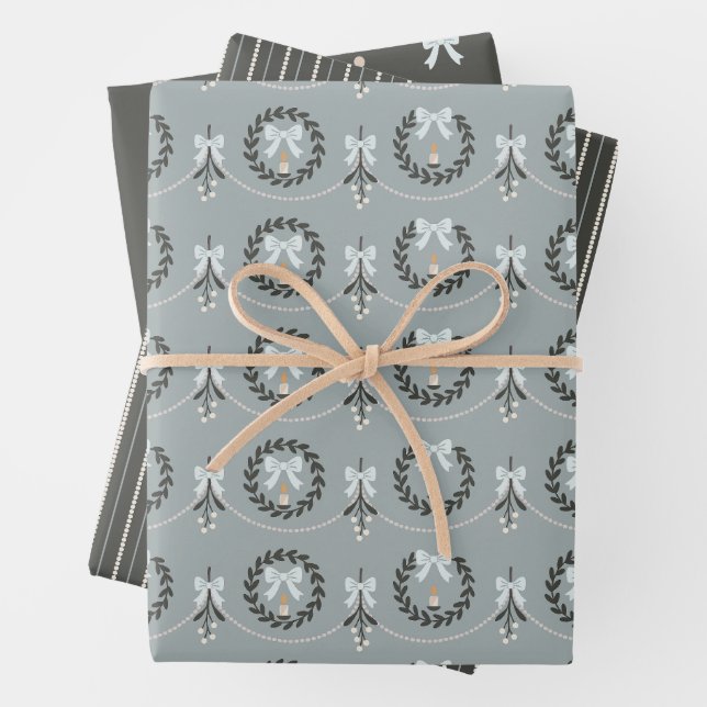 Blue Victorian Mistletoe and Wreath Gift Wrap (In situ)