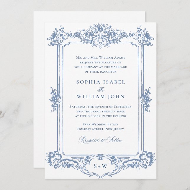 Blue Victorian Ornate Grace Floral Frame Wedding Invitation (Front/Back)