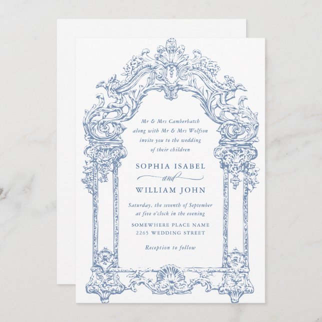 Blue Victorian Ornate Grace Floral Frame Wedding Invitation (Front/Back)