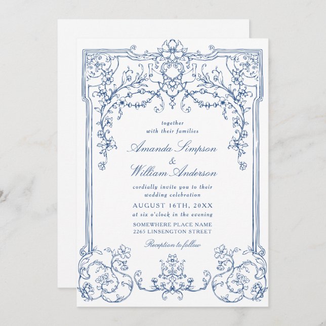 Blue Victorian Ornate Grace Floral French Wedding Invitation (Front/Back)