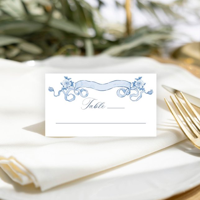 Blue Victorian Ornate Grace Floral Wedding Place Card (Creator Uploaded)