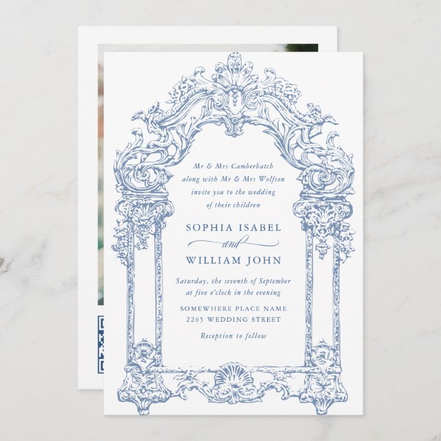Blue Victorian Ornate Grace Floral Wedding QR code Invitation (Front/Back)