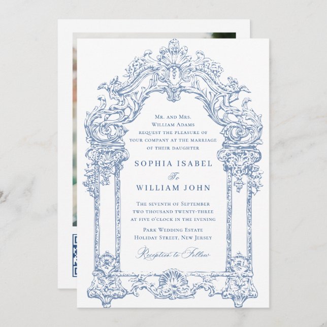 Blue Victorian Ornate Grace Floral Wedding QR code Invitation (Front/Back)